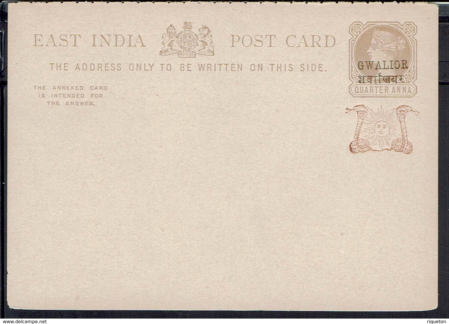 Inde - Gwalior - Entier Postal Quarter Anna, Sans La Réponse - TB - - Gwalior