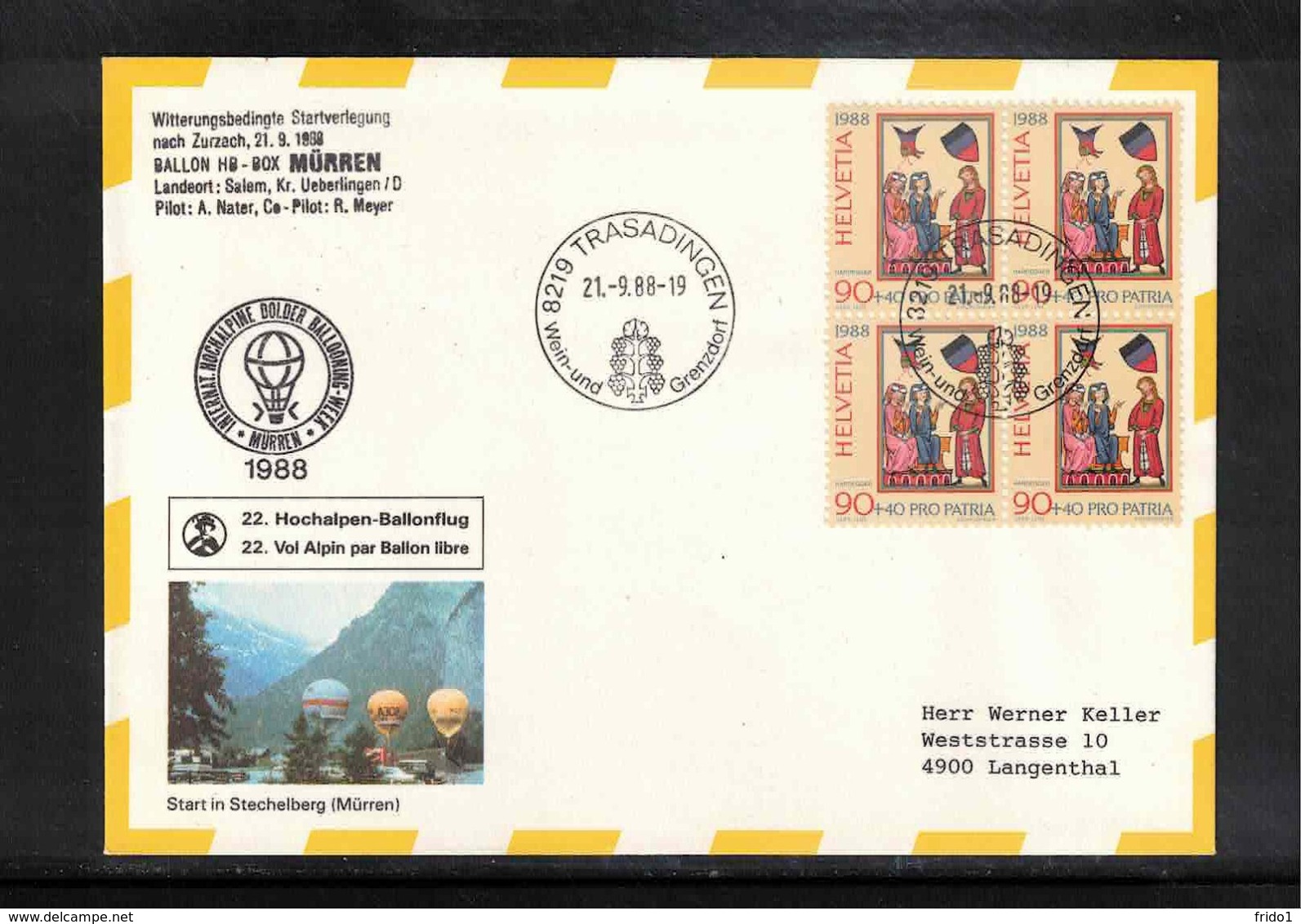 Schweiz / Switzerland 1988 Muerren Hochalpine Ballonpost - Lettres & Documents