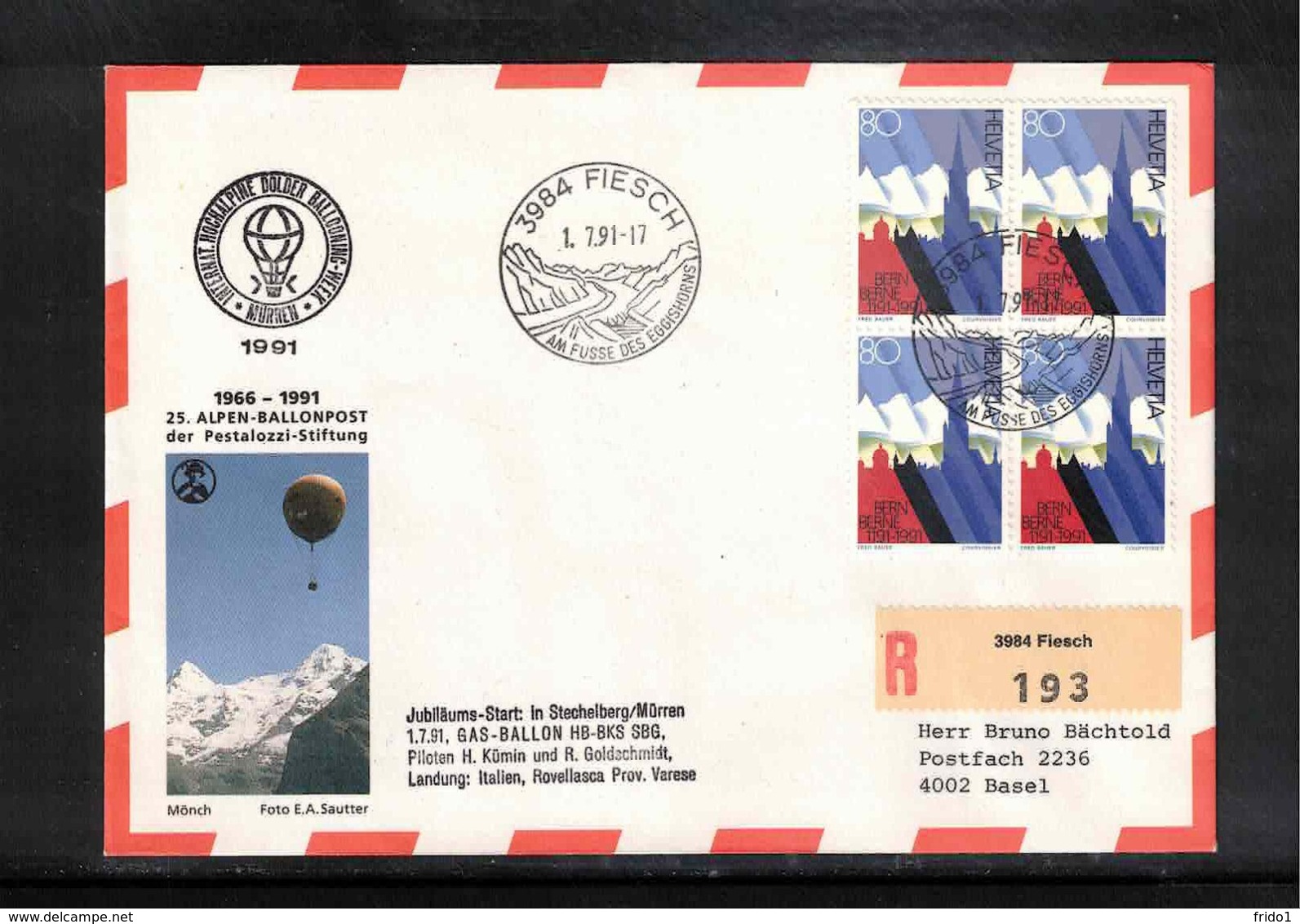 Schweiz / Switzerland 1991 Muerren Hochalpine Ballonpost - Lettres & Documents