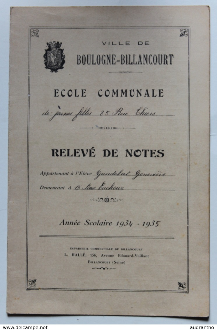 Reléve De Notes école Communale De Jeunes Filles 85 Rue Thiers Boulogne Billancourt Gaudebert Geneviève 15 Rue Cacheux - Diploma's En Schoolrapporten