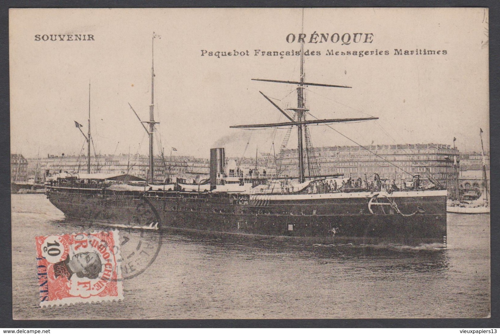 Cpa Souvenir Orénoque Paquebot Français Des Messageries Maritimes Avec Timbre Indochine 1920 Saigon - Paquebots