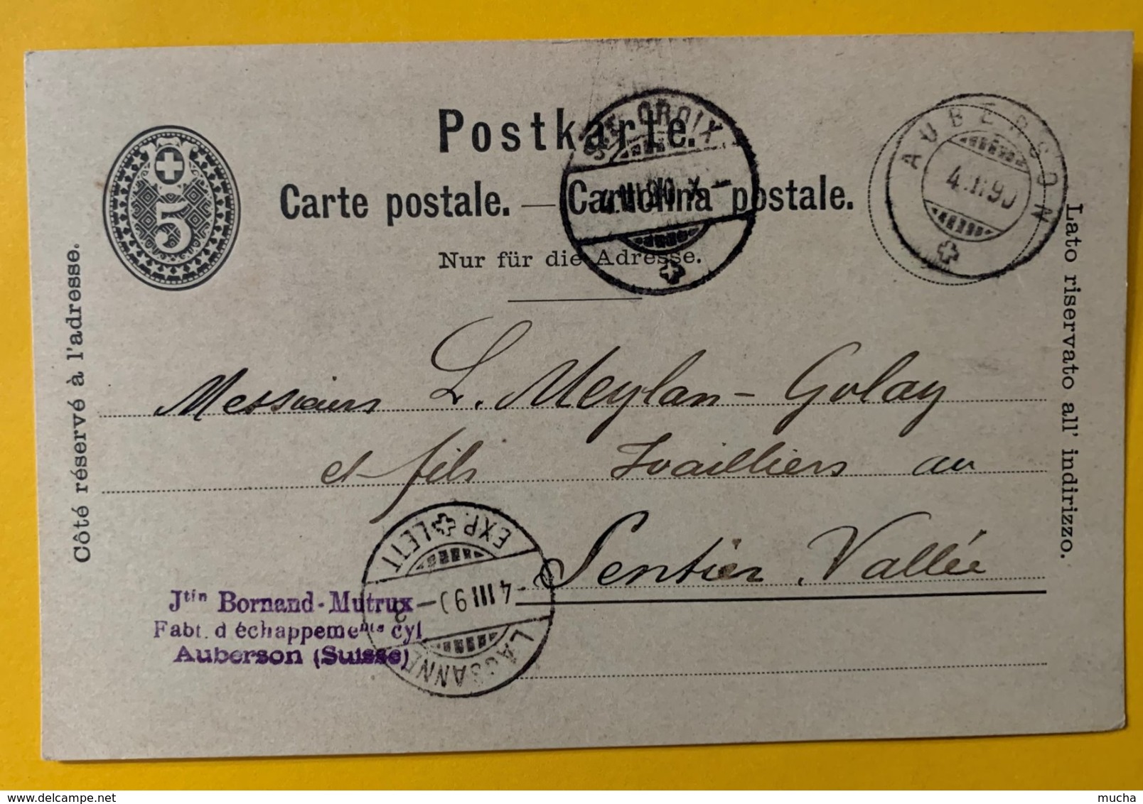 9164 - Bornand-Mutrux Fabr échappement Auberson 04.03.1890 Pour Sentier - Entiers Postaux