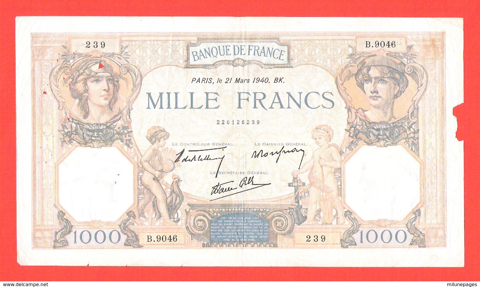 Lot De 2 Billets 1000 Francs Ceres Et Mercure Avec Défauts Mais Bel Aspect 1937 Et 1940 - 1 000 F 1927-1940 ''Cérès Et Mercure''