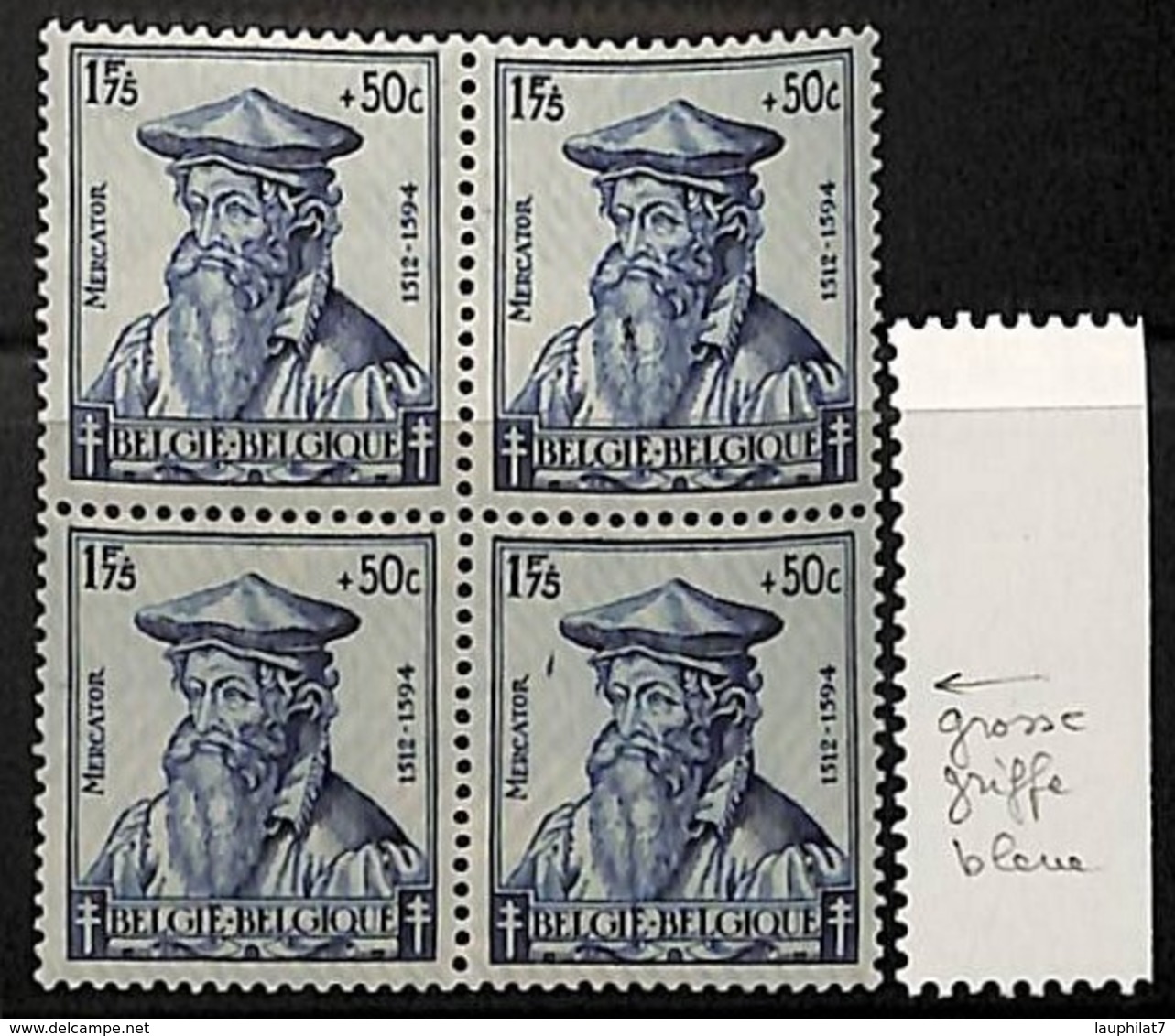 [651537]TB//**/Mnh-BELGIQUE 1942 - N° 598-cur, Mercator, 1F75+50c, Grosse Griffe Bleue Sous Bonnet,Sciences, Savant, Géo - Other & Unclassified