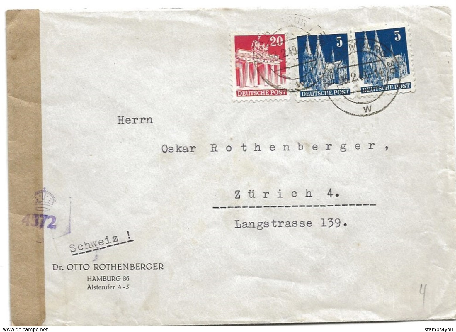 222 - 66 - Enveloppe Envoyée De Hamburg En Suisse 1949 - Censure - Briefe U. Dokumente