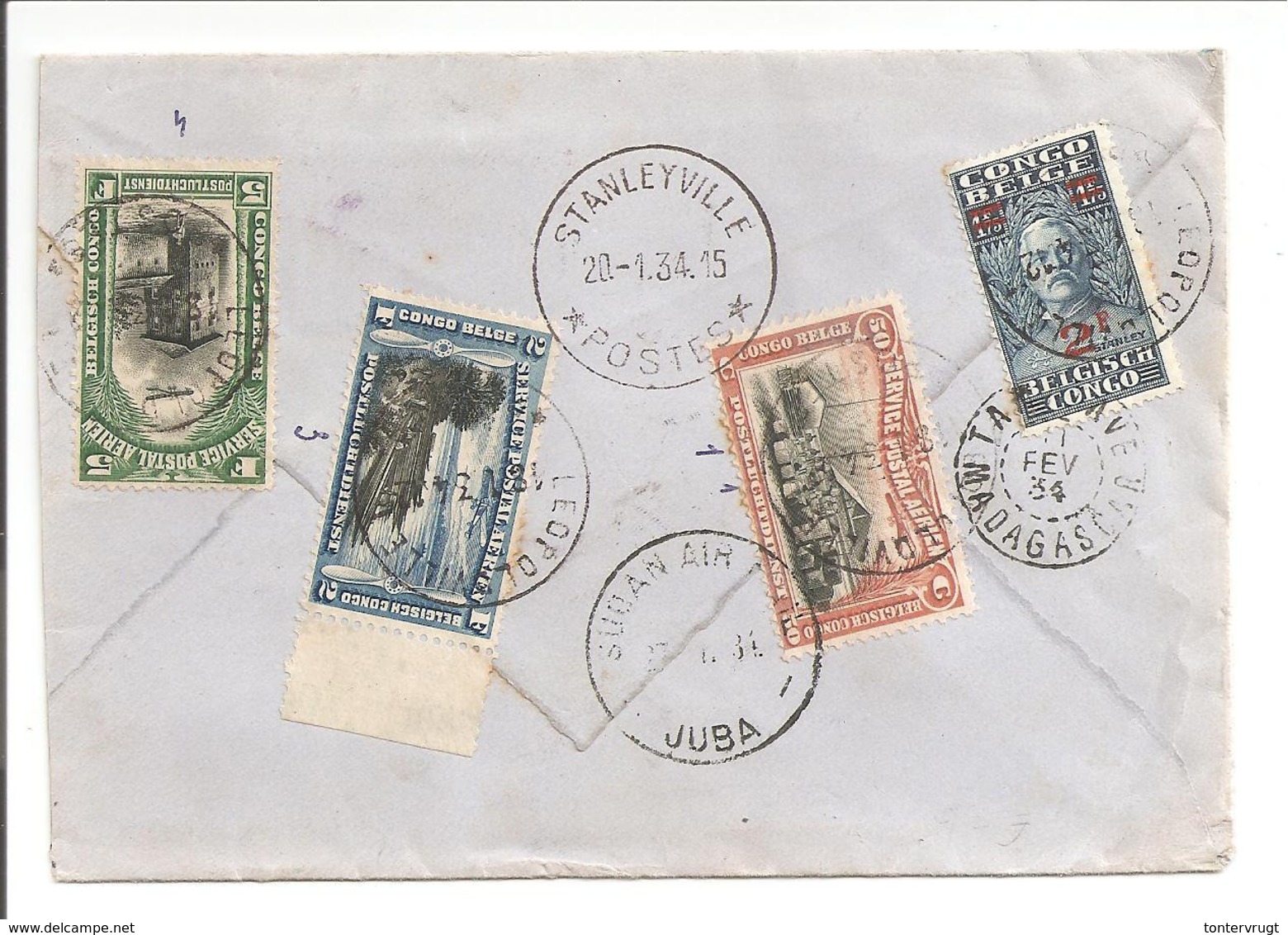 Air Mail Leopoldville 18.1.34>Stanleyville>Sudan Air Juba>Madagascar 11.2.34 Destination Rare. Taxe Fr9,50 - Briefe U. Dokumente