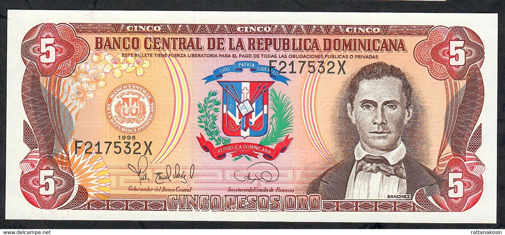 DOMINICAN REPUBLIC P152 5 PESOS ORO 1996 Signature 38 FIRST PREFIX #F/X !        UNC. - Dominicana