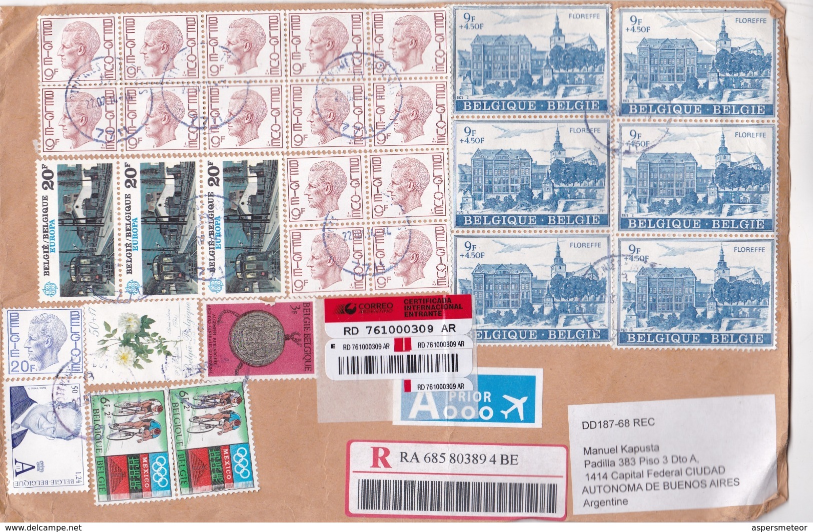 BELGIQUE ENVELOPPE CIRCULATED FROM HERSEAUX TO CAPITAL FEDERAL, ARGENTINA. YEAR 2014 REGISTRED PLUSIEURS TIMBRES -LILHU - Covers & Documents