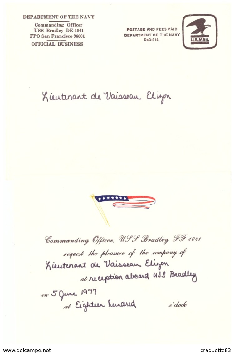 COMMANDING OFFICER USS BARDLEY FF 1041  REQUEST...LIEUTENANT DE VAISSEAU LE 5 JUNE 1977 CARTE +ENVELOPPE - Documents