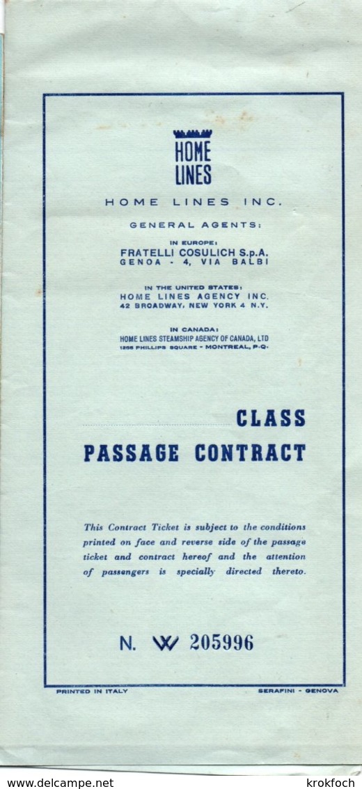 Home Lines - Paquebot Homéric 1961 - Class Passage Ticket - Billet Au Départ Le Havre Avec Timbre Fiscal + Consignes - Andere & Zonder Classificatie