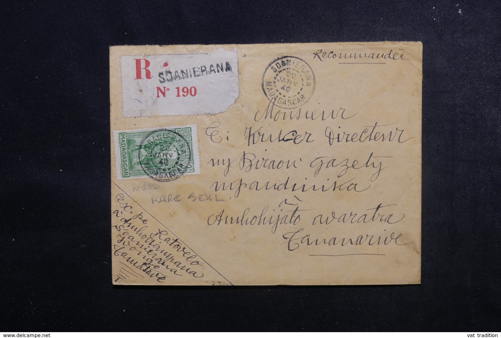 MADAGASCAR - Enveloppe En Recommandé De Soanierana Pour Tananarive En 1940, Affranchissement Plaisant - L 47333 - Lettres & Documents