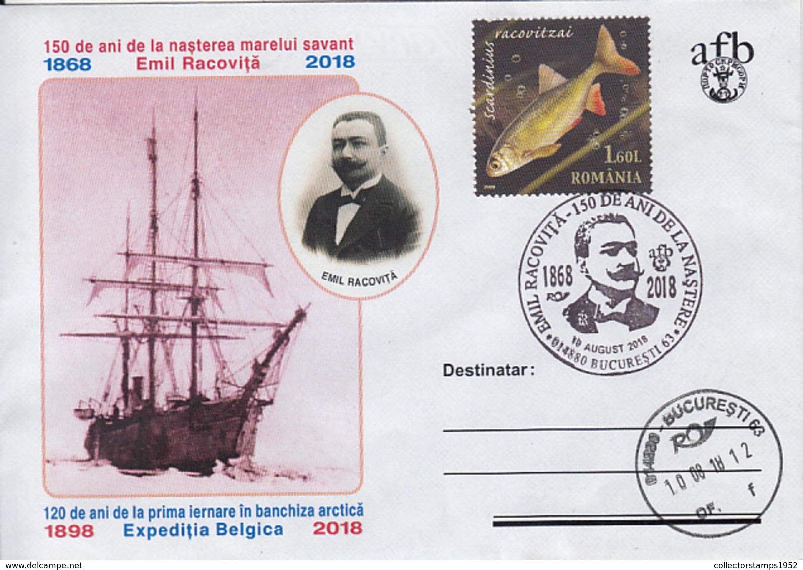 78227- EMIL RACOVITA, BELGICA ARCTIC EXPEDITION, SHIP, NORTH POLE, SPECIAL COVER, 2018, ROMANIA - Arctic Expeditions