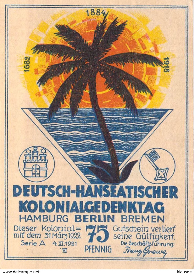 75 Pfg. Notgeld Deutsch Hanseatischer Kolonialgedenktag Hamburg UNC (I) - Lokale Ausgaben