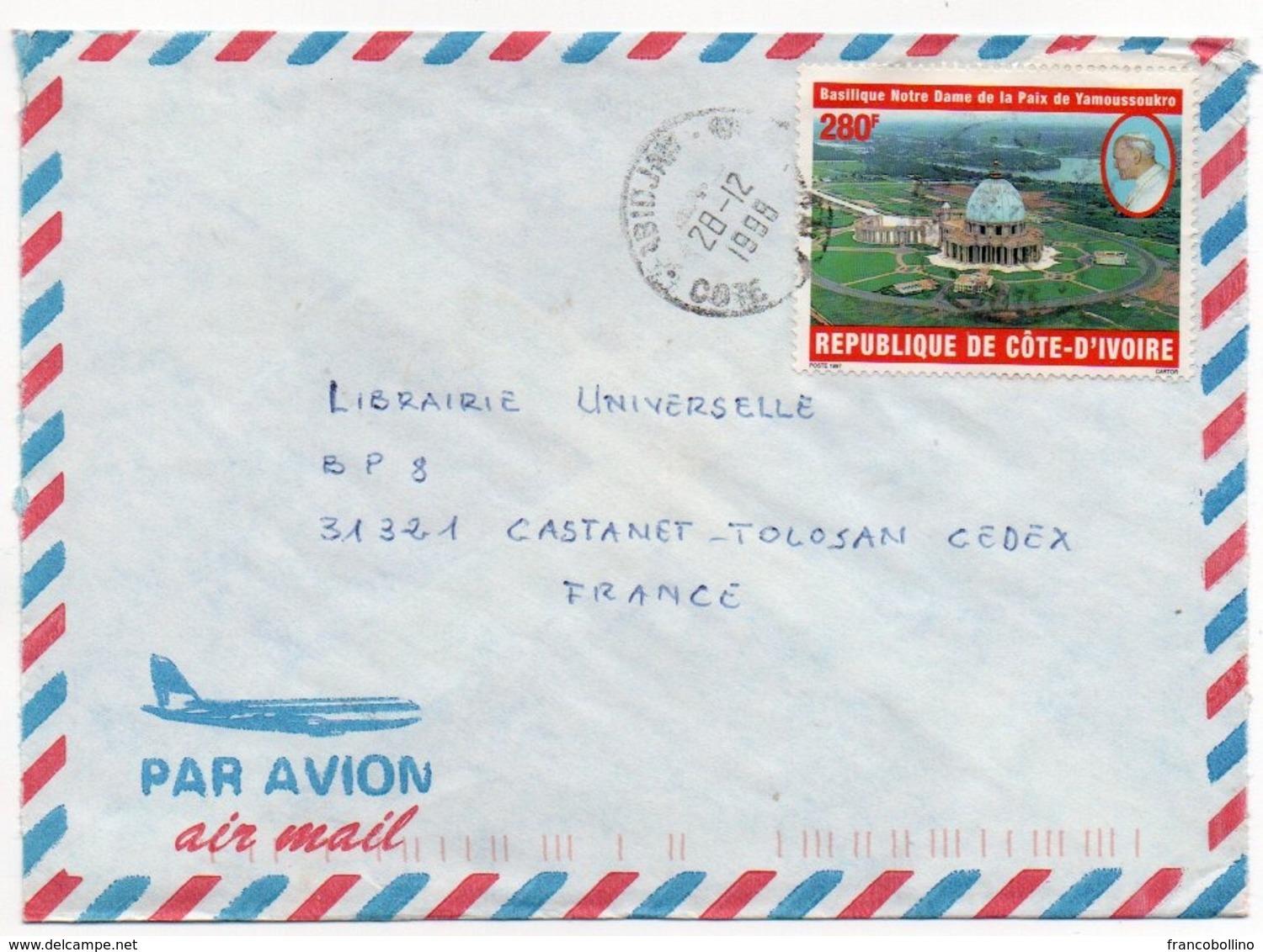 COTE D'IVOIRE - AIR MAIL COVER TO FRANCE 1998 / THEMATIC STAMP OUR LADY OF PEACE CATHEDRAL - POPE JOHN PAUL II - Costa D'Avorio (1960-...)