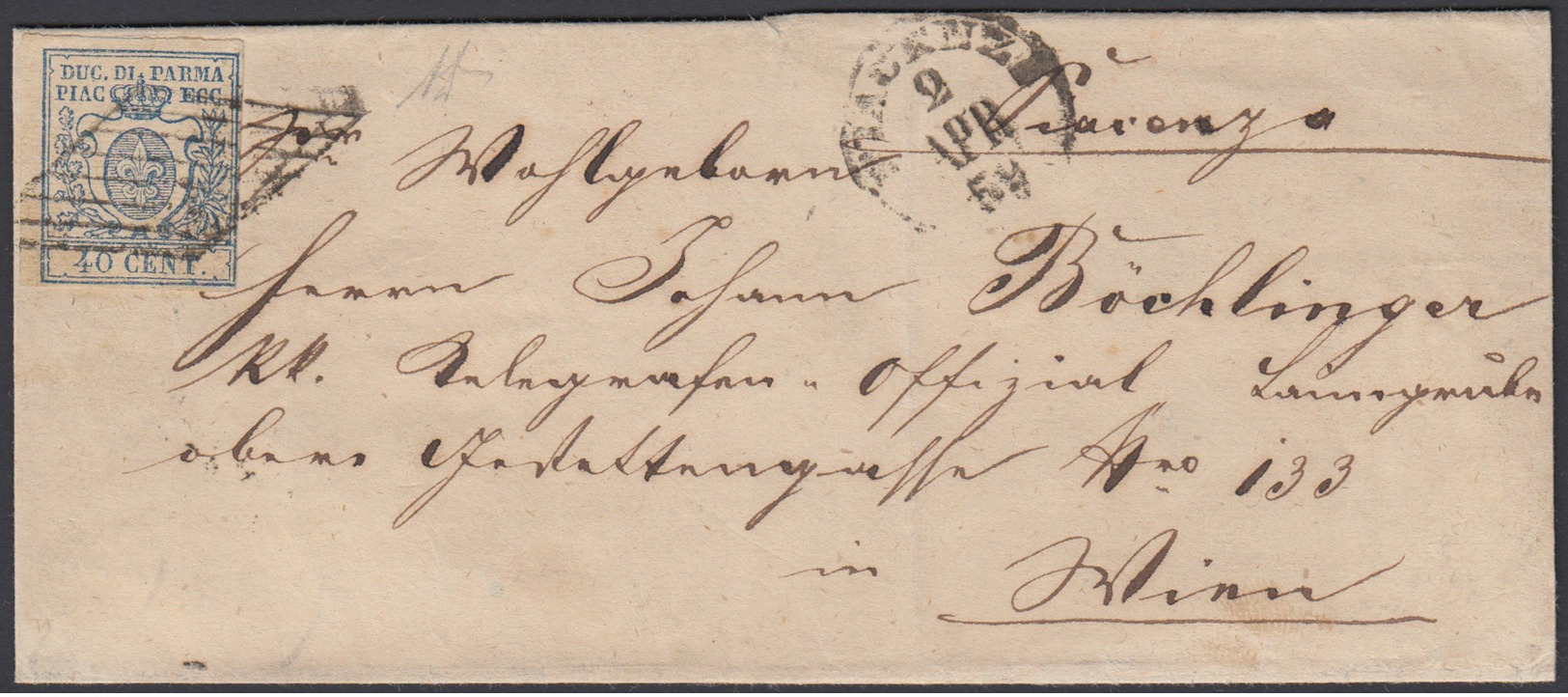 DESTINAZIONE WIEN. Lettera Spedita Da Piacenza Per Vienna Il 2/4/1859 Ed Affrancata Con Il Valore Isolato Da 40 Centesim - Parma