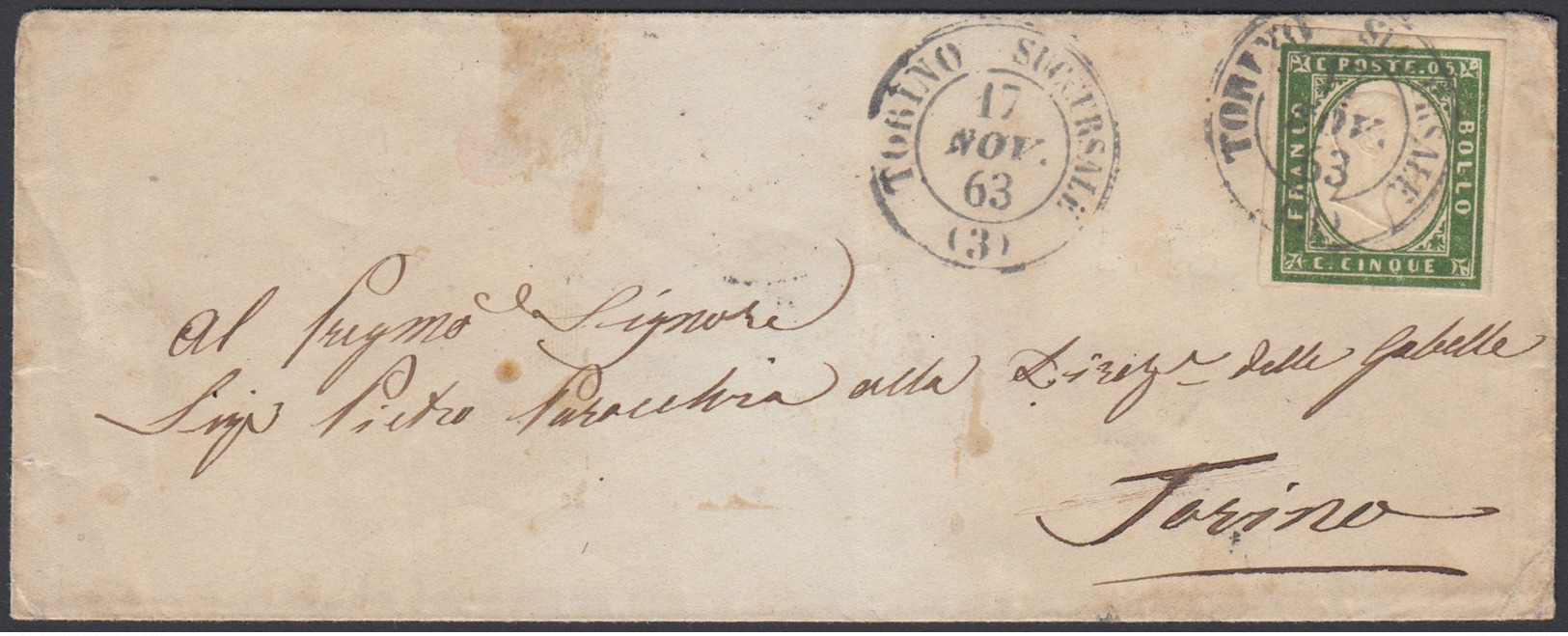 IV EMISSIONE. Lettera Spedita Da Torino Per Citt￠ Il 17 Novembre 1863 Ed Affrancata Con Il Francobollo Da C.5 Isolato, B - Sardinia