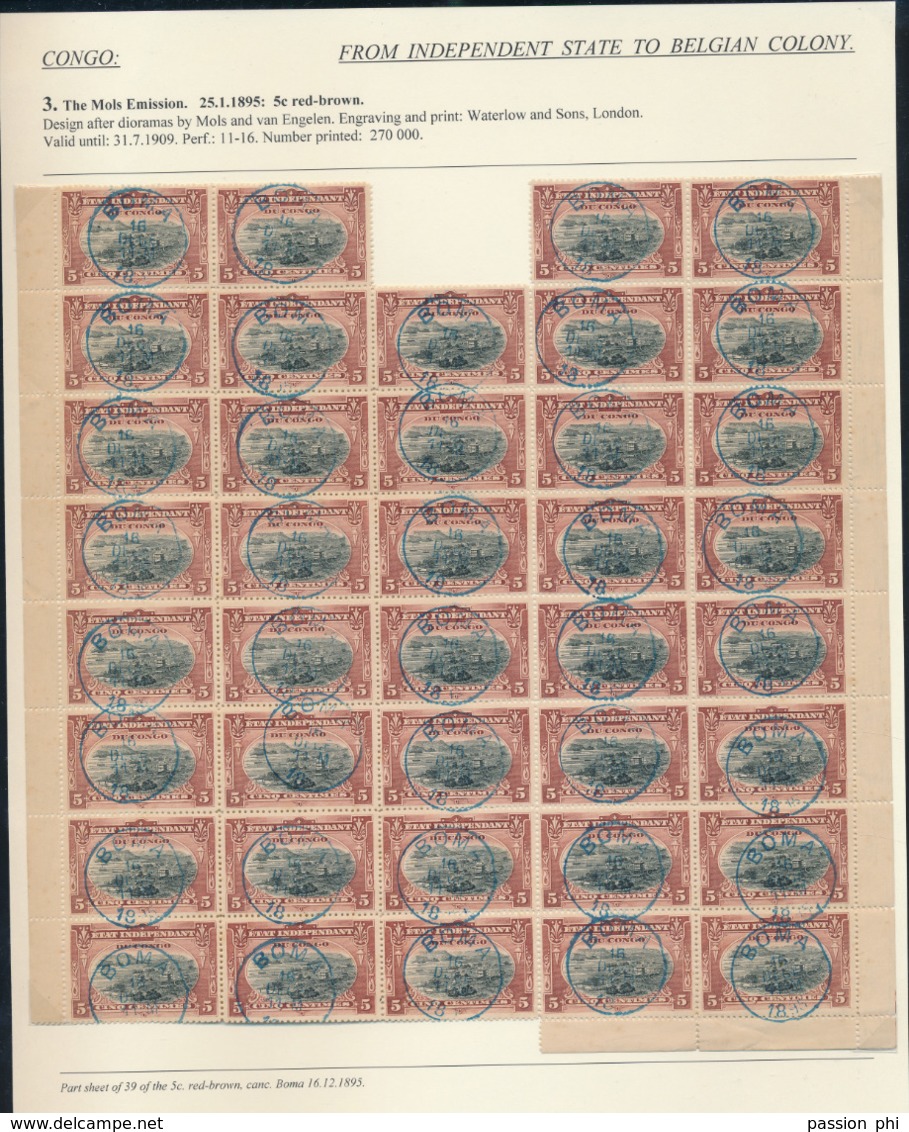 BELGIAN CONGO 1894 ISSUE 5C BROWN BLOCK OF 39 STAMPS BOMA 16.12.1895 - Usati