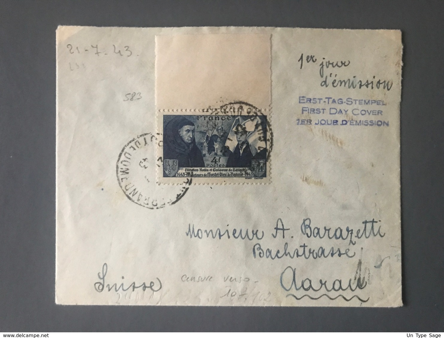 France N°583 Seul Sur Lettre (1er Jour D'émission) Pour La Suisse - Censure Militaire - (B2648) - 1921-1960: Modern Tijdperk