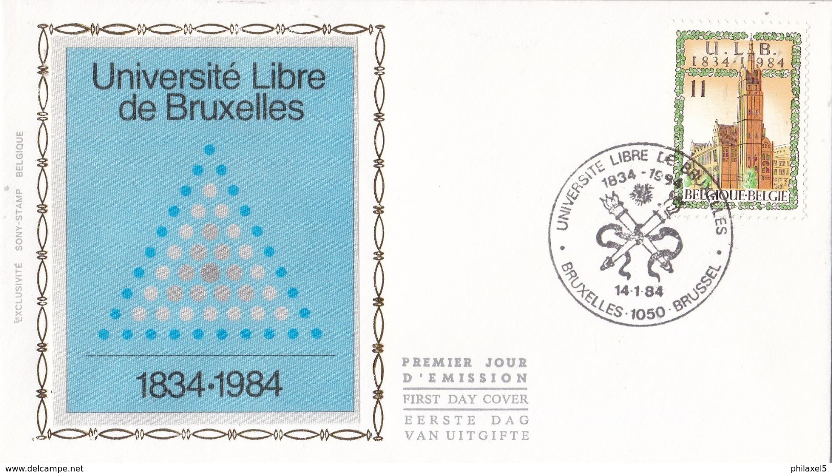 België - FDC Z.n. - Zijde - 150e Verjaardag Van De Oprichting Van De Université Libre De Bruxelles - OBP 2112 - 1981-1990