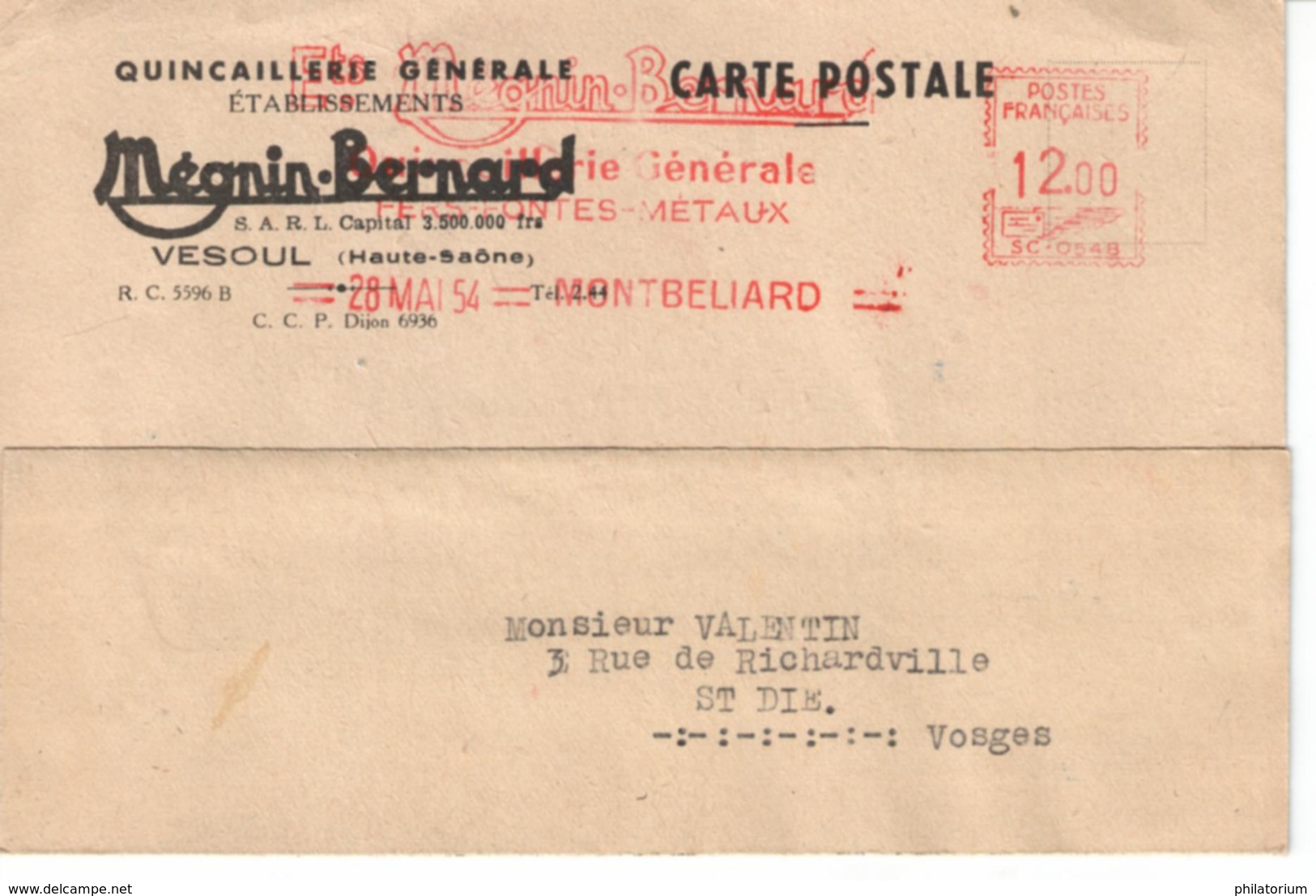 EMA Mégnin Bernard Vesoul Quincaillerie Générale; Montbéliard 28 Mai 1954 Pour Saint Dié - Usines & Industries