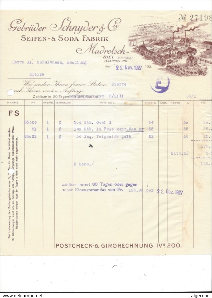 F131 -Facture Gebrüder Schnyder Seifen Soda Fabrik Madretsch Biel Pour Sierre 1927 (attention Bord Droit Déchirure) - Suisse