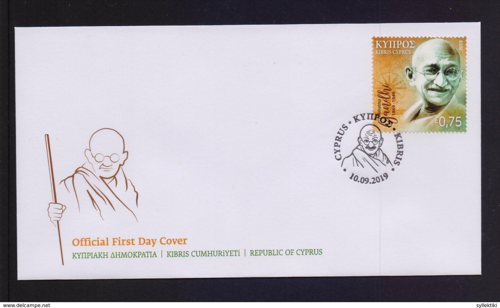 CYPRUS 2019 GHANDI  ISSUE STAMP ON OFFICIAL FDC - Cartas