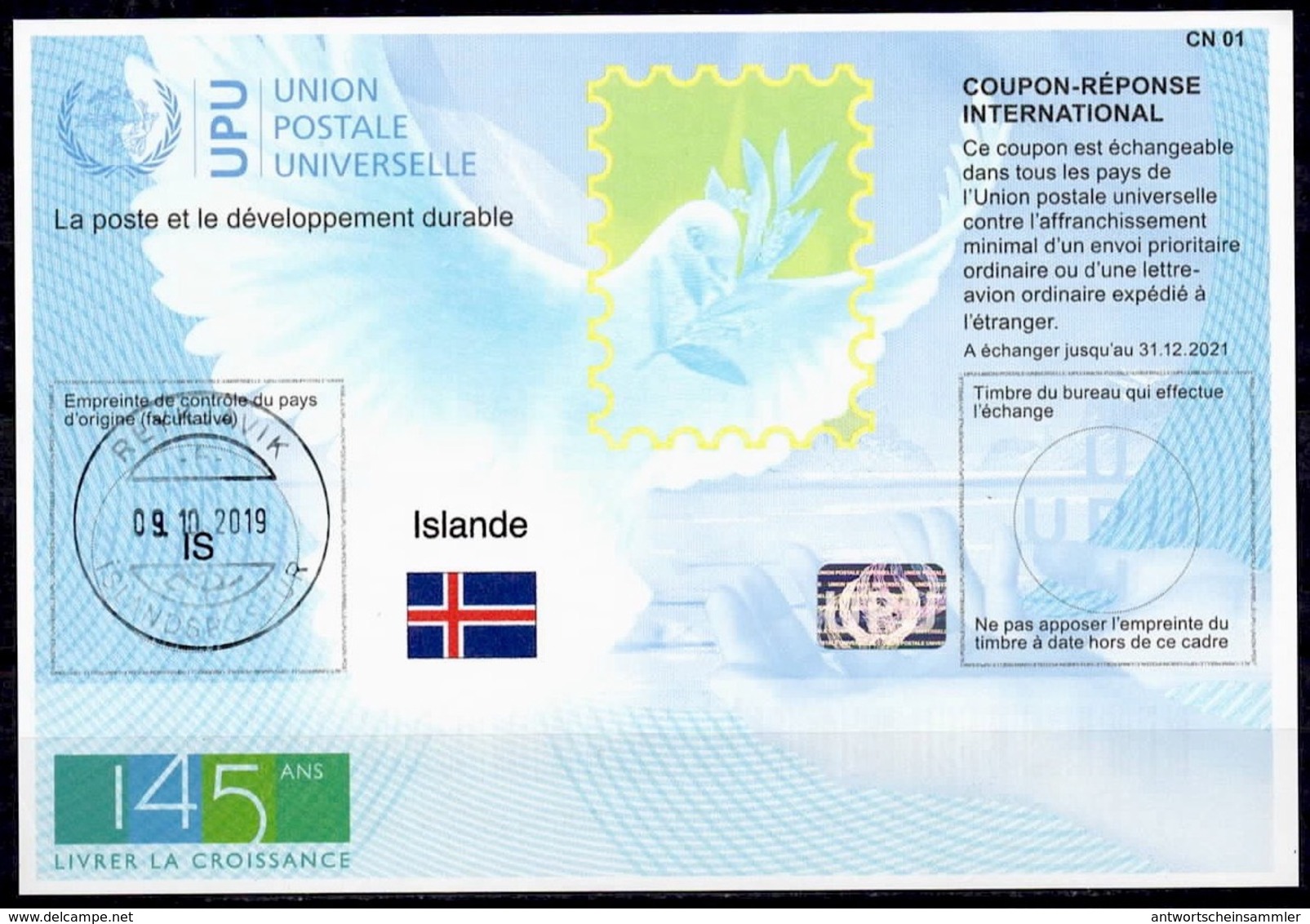 ISLANDE / ICELAND  Is45  20190618 AA Int. Reply Coupon Reponse Antwortschein IAS IRC Hologram O REYKJAVIK 09.10.2019 FD! - Postal Stationery