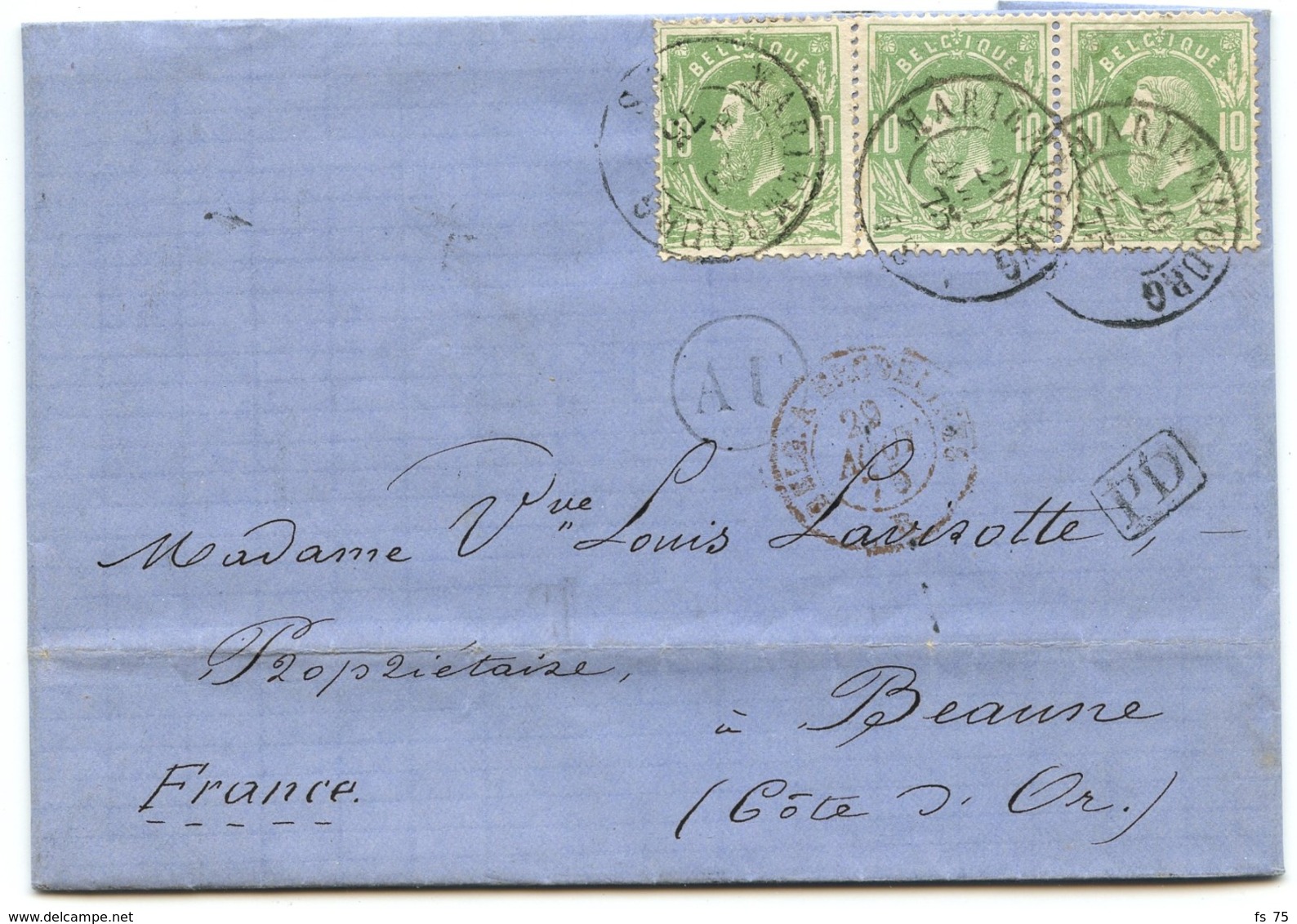 BELGIQUE (N°30 YVERT) X3 CAD MARIEMBOURG + BOITE AU SUR LETTRE AVEC TEXTE DE FRASNES POUR LA FRANCE, 1875 - 1869-1888 Lying Lion