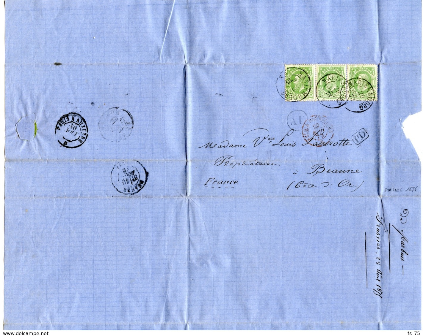 BELGIQUE (N°30 YVERT) X3 CAD MARIEMBOURG + BOITE AU SUR LETTRE AVEC TEXTE DE FRASNES POUR LA FRANCE, 1875 - 1869-1888 Lion Couché