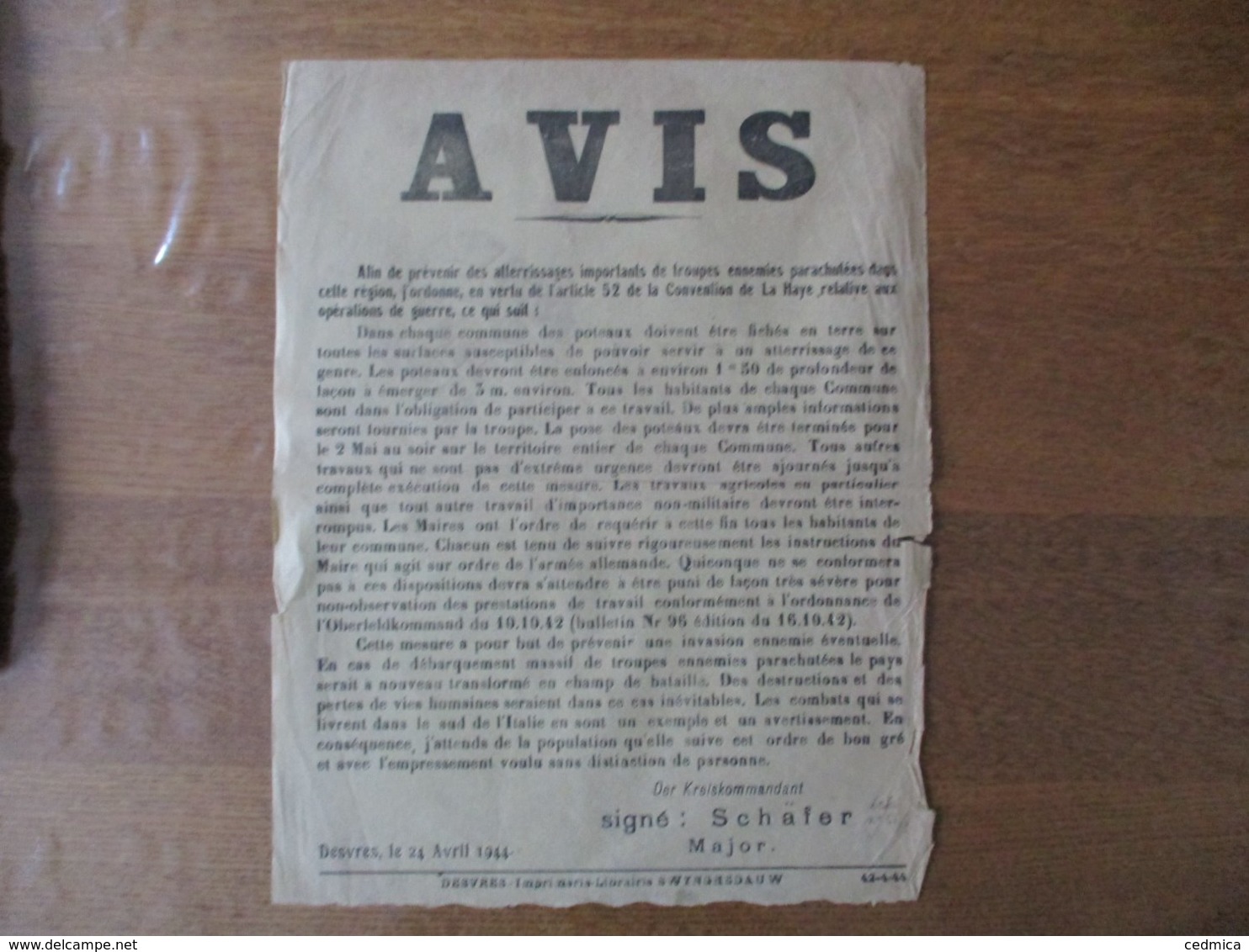 DESVRES LE 24 AVRIL 1944 AVIS DER KREISKOMMANDANT SCHÄFER MAJOR AFFICHE 40cm/30cm - Dokumente