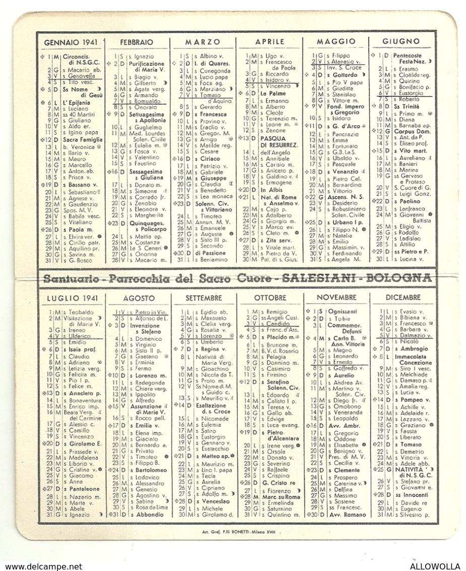 6007 "SANTUARIO-PARROCCHIA DEL SACRO CUORE SALESIANI-BOLOGNA-CALENDARIETTO 1941 " ORIGINALE - Santini