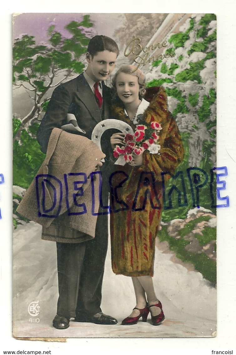 Photographie. Bonne Année. Couple, Fer à Cheval, Fleurs. 1928 - Couples