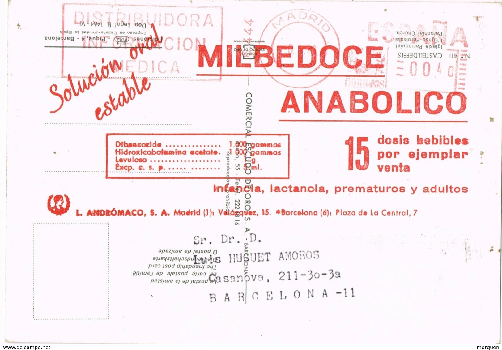 34652. Postal Privada MADRID 1970. MILBEDOCE Medicamentos. Franqueo Mecanico. ERROR Postal - Cartas & Documentos