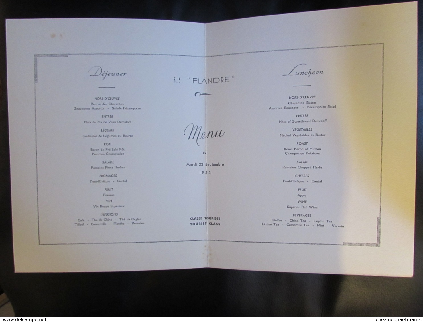 COMPAGNIE GENERALE TRANSATLANTIQUE PAQUEBOT FLANDRE 22 SEPTEMBRE 1953 - MENU 27.5 X 21 CM FONTAINEBLEAU - Menükarten