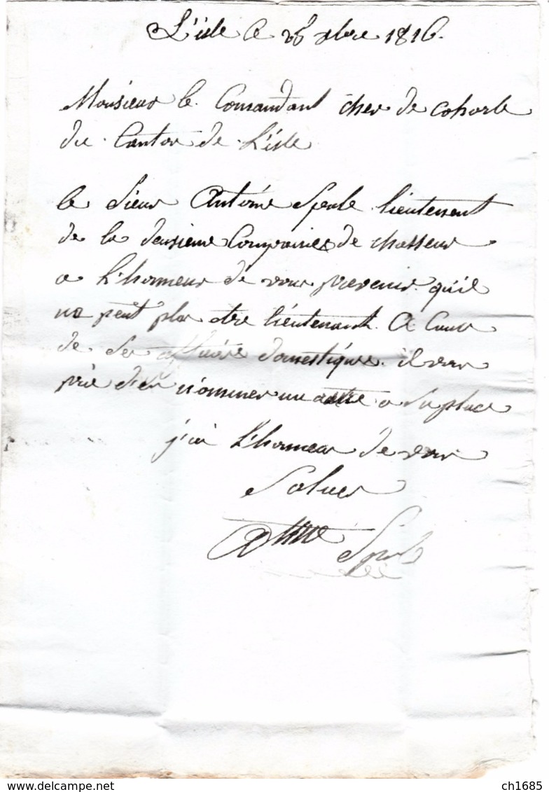 FRANCE : Lettre De 1816 Adressée Au Commandant De La Garde De L'isle Sur Sorgue - 1801-1848: Précurseurs XIX