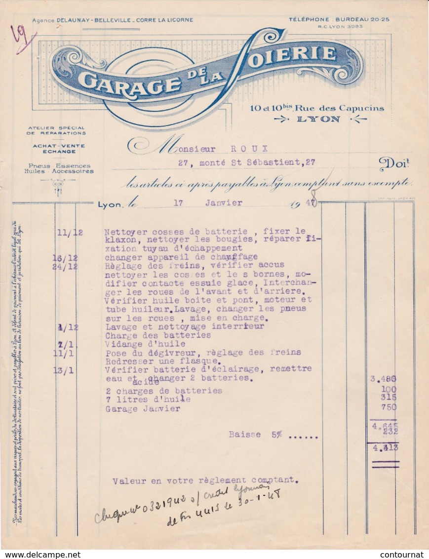 69 LYON  FACTURE 1948  Garage De La SOIERIE  Rue Des Capucins Agence Delaunay    X51 Rhône - Auto's