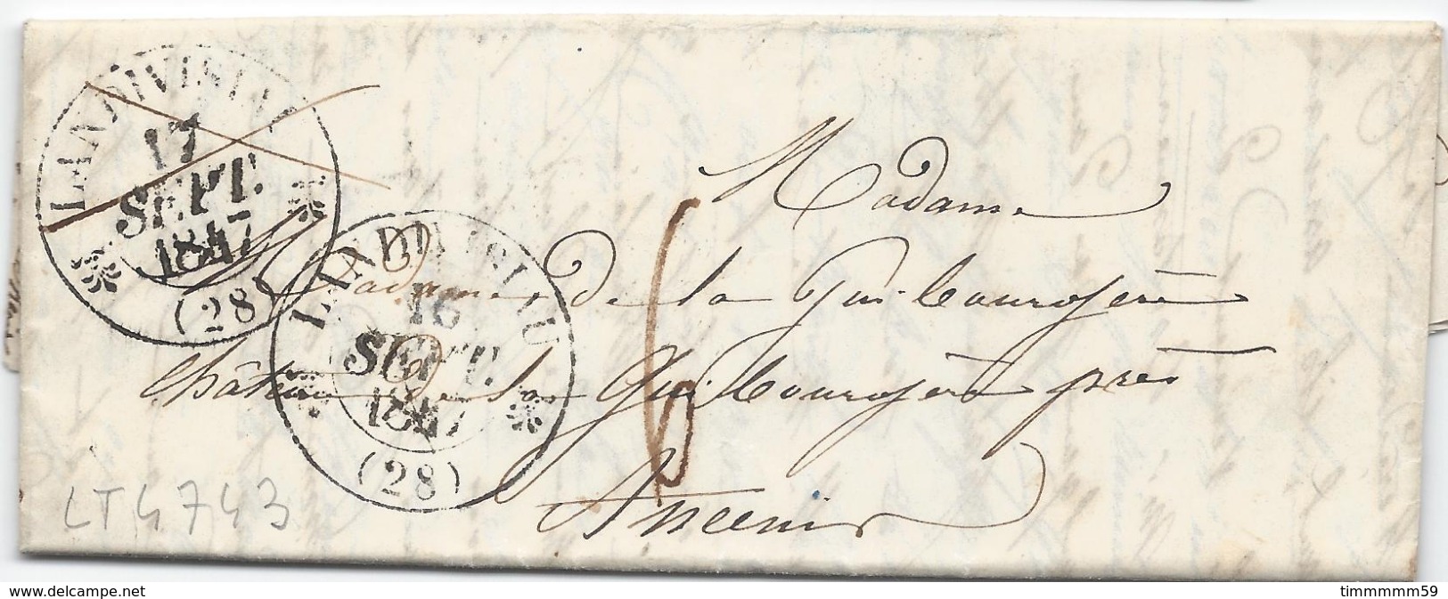 LT4743  Lettre Avec Courrier De Landivisiau, Finistère (28) Pour Amiens Du 16 Sept 1847, Taxé - 1801-1848: Precursors XIX