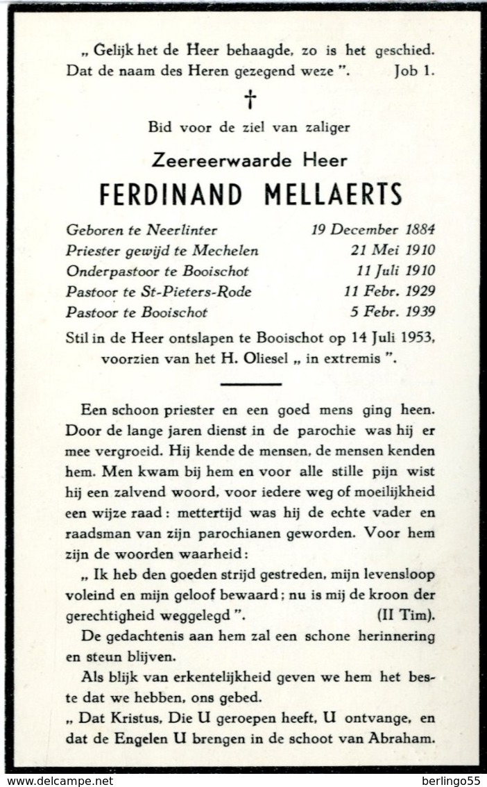 Dp. Pastoor Te Booischot. Mellaerts Ferdinand. ° Neerlinter 1884 † Booischot 1953 - Religion & Esotérisme