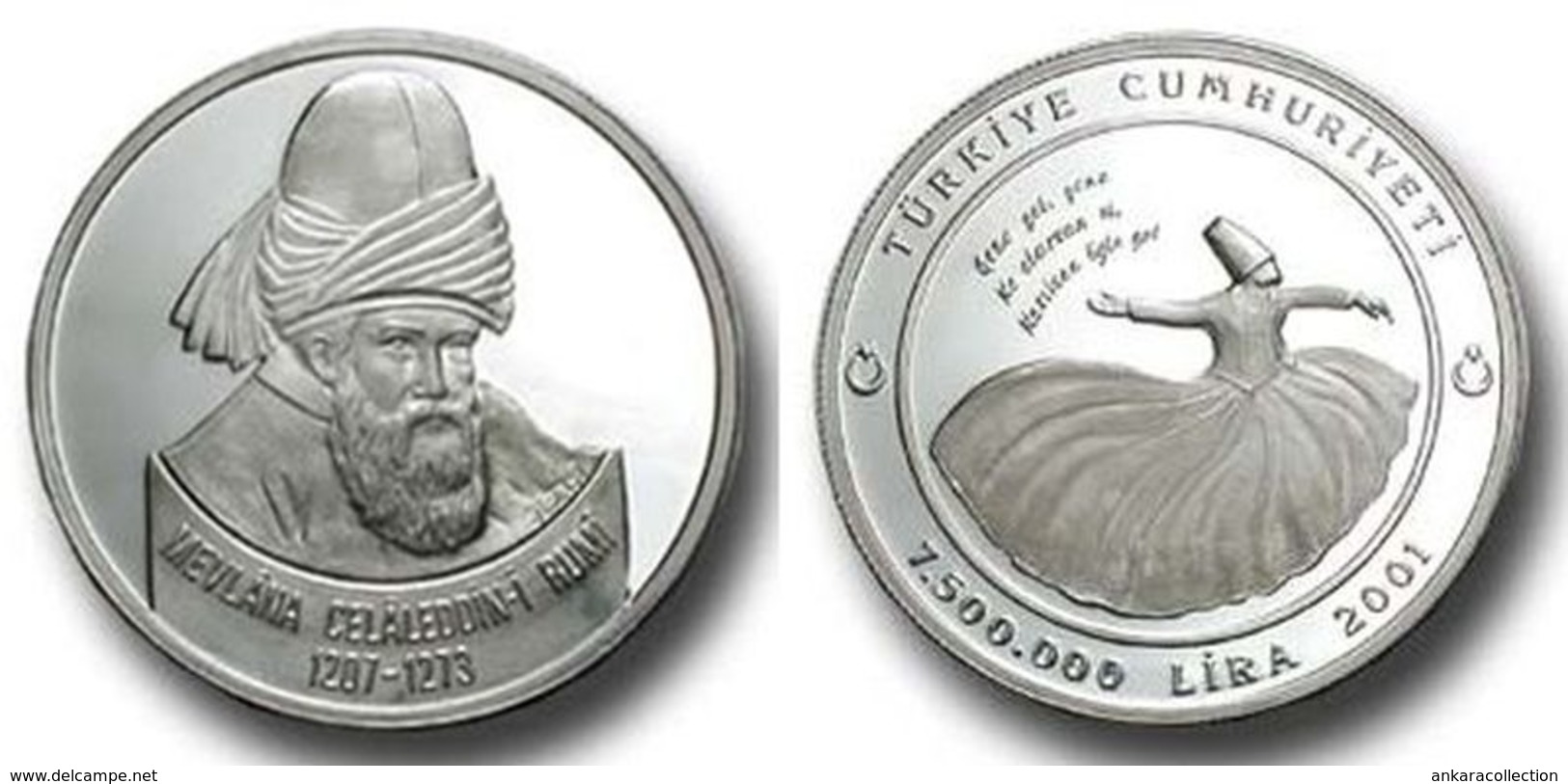 AC - MEVLANA JALAL AD-DIN MUHAMMAD RUMI COMMEMORATIVE SILVER COIN 2001 TURKEY PROOF UNCIRCULATED - Turkije