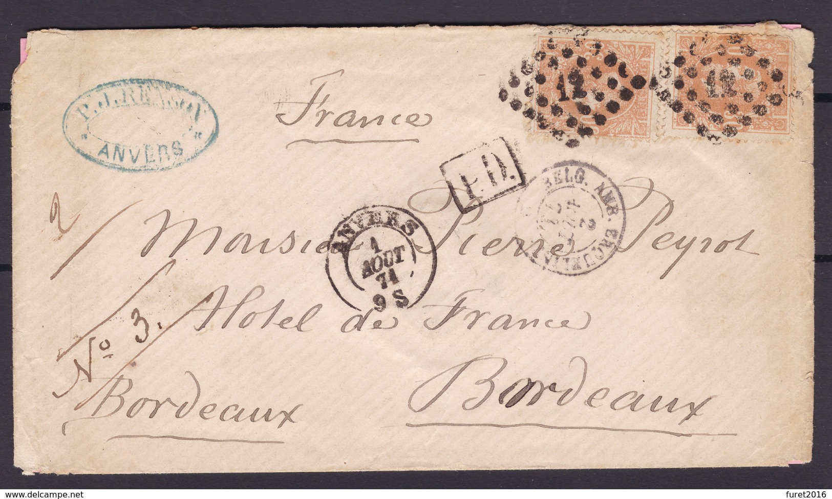 N° 33 ( 2 )  / Lettre D ANVERS  Vers Bordeaux Marque PD  ( Lsc ) - 1869-1883 Leopoldo II