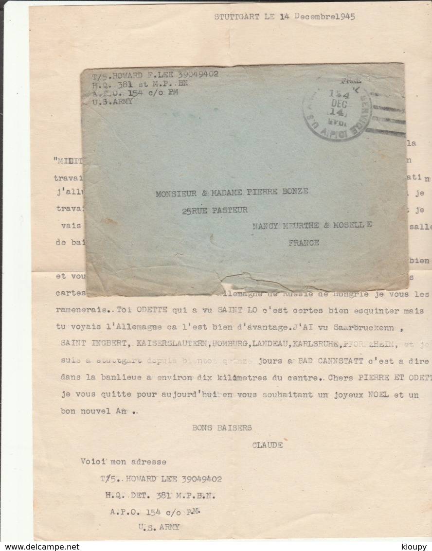 G 1 - Enveloppe Avec Cachet A.P.O.154 Avec Lettre écrite En Français - MILITARY POLICE - STUTTGART - Guerre De 1939-45