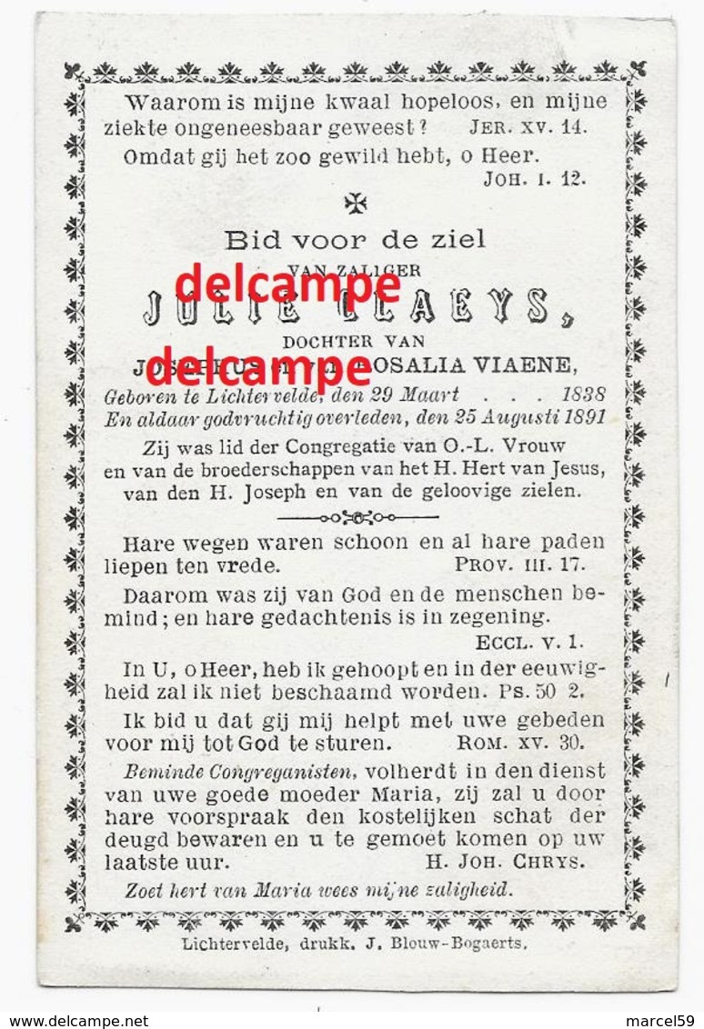 Bidprentje Julie Claeys Lichtervelde 1838 En Aldaar Overleden 1891 Viaene Doodsprentje - Devotion Images