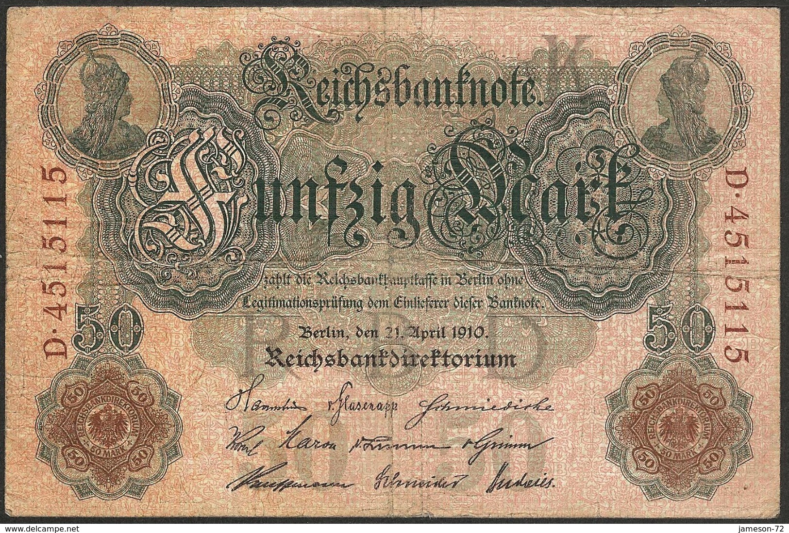 GERMANY - 50 Mark 1910 P# 41 Europe Banknote - Edelweiss Coins - 50 Mark