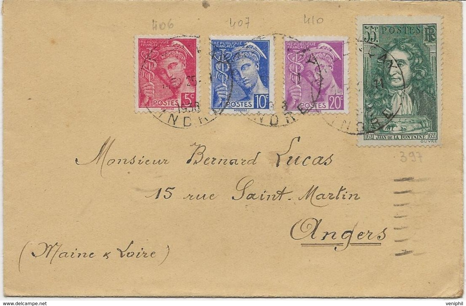 LETTRE AFFRANCHIE MERCURE N° 406 - 407 - 410 - + N° 397 - CAD VALENCAY  -INDRE - ANNEE 1938 - 1921-1960: Modern Period