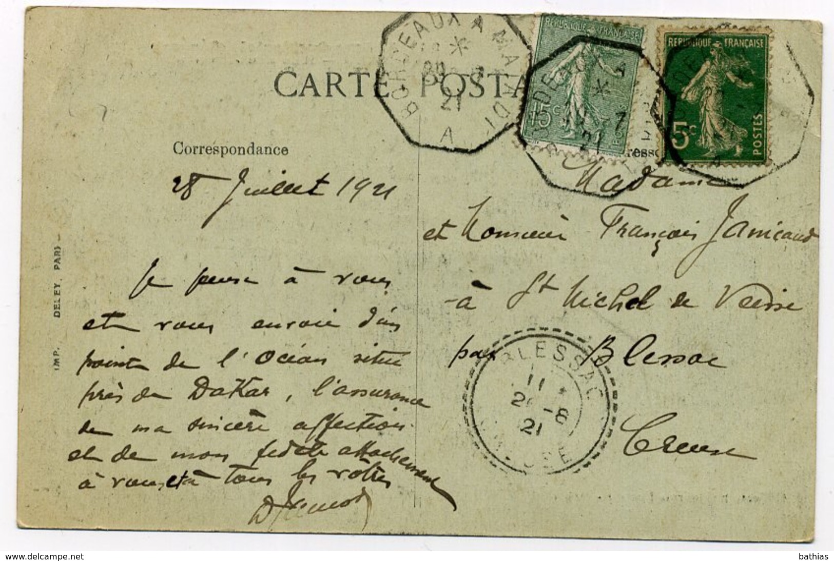 Cachet De PAQUEBOT: Ligne BORDEAUX à MATADI (3 Cachets Paquebot Sur Carte Postale) - 1877-1920: Période Semi Moderne