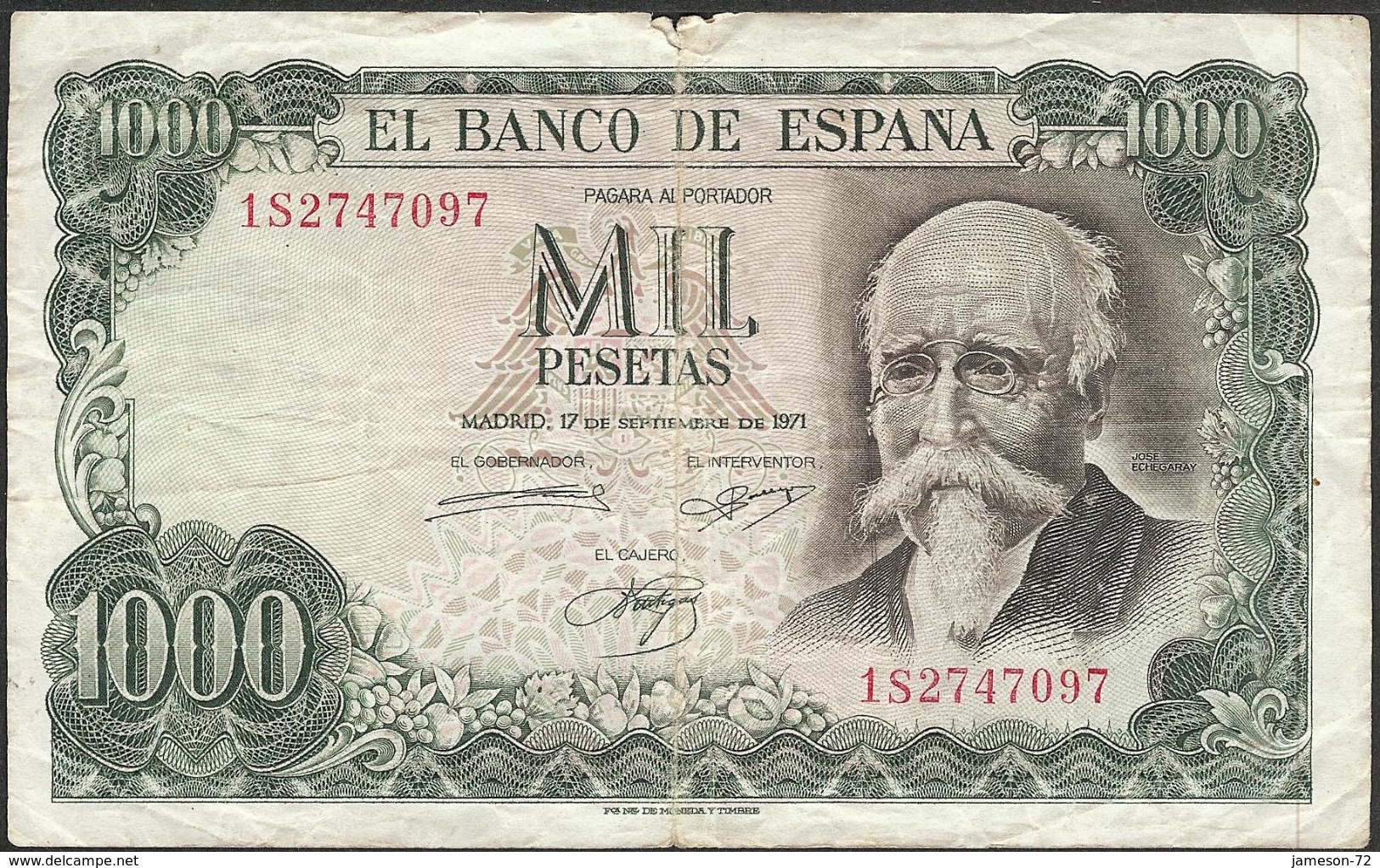 SPAIN - 1000 Pesetas 1971 (1974) "Jose Echegaray" P# 154 - Edelweiss Coins - 1000 Pesetas