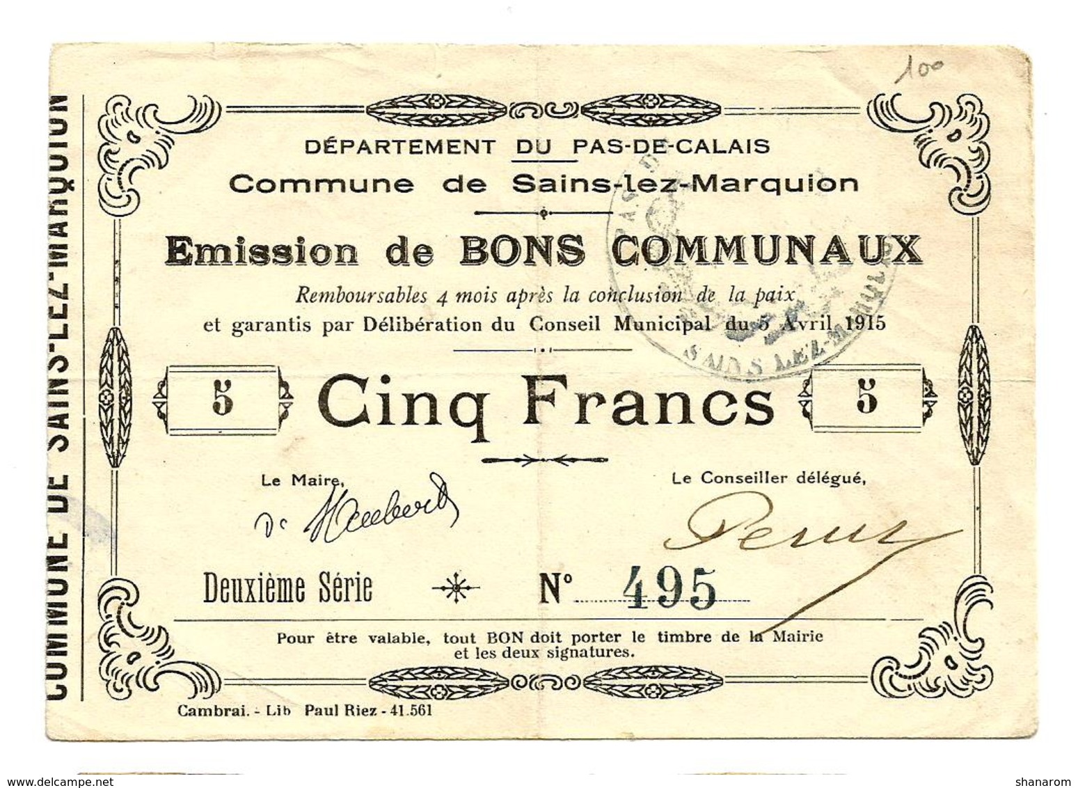 1914-1918 // Commune De SAINS-LEZ-MARQUION (Pas De Calais) // Avril 1915 // Bon De 5 Francs - Bons & Nécessité