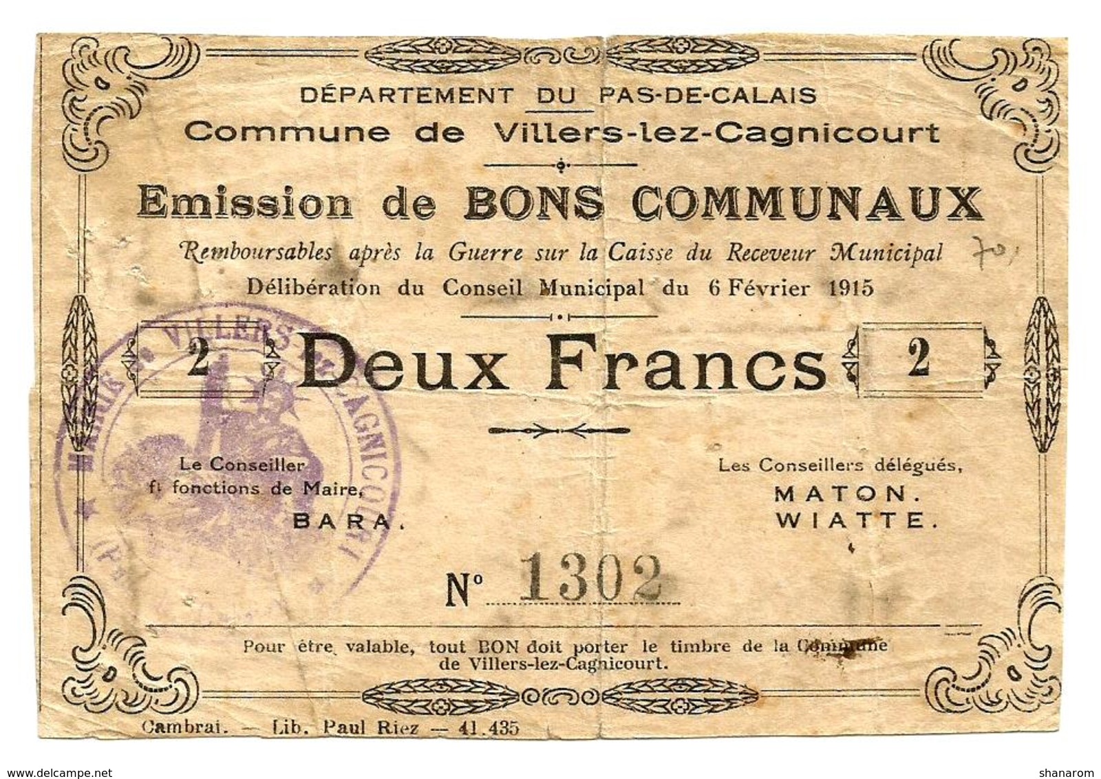 1914-1918 // Commune De VILLERS-LEZ-CAGNICOURT (Pas De Calais) // Février 1915 // Bon De 2 Francs - Bons & Nécessité