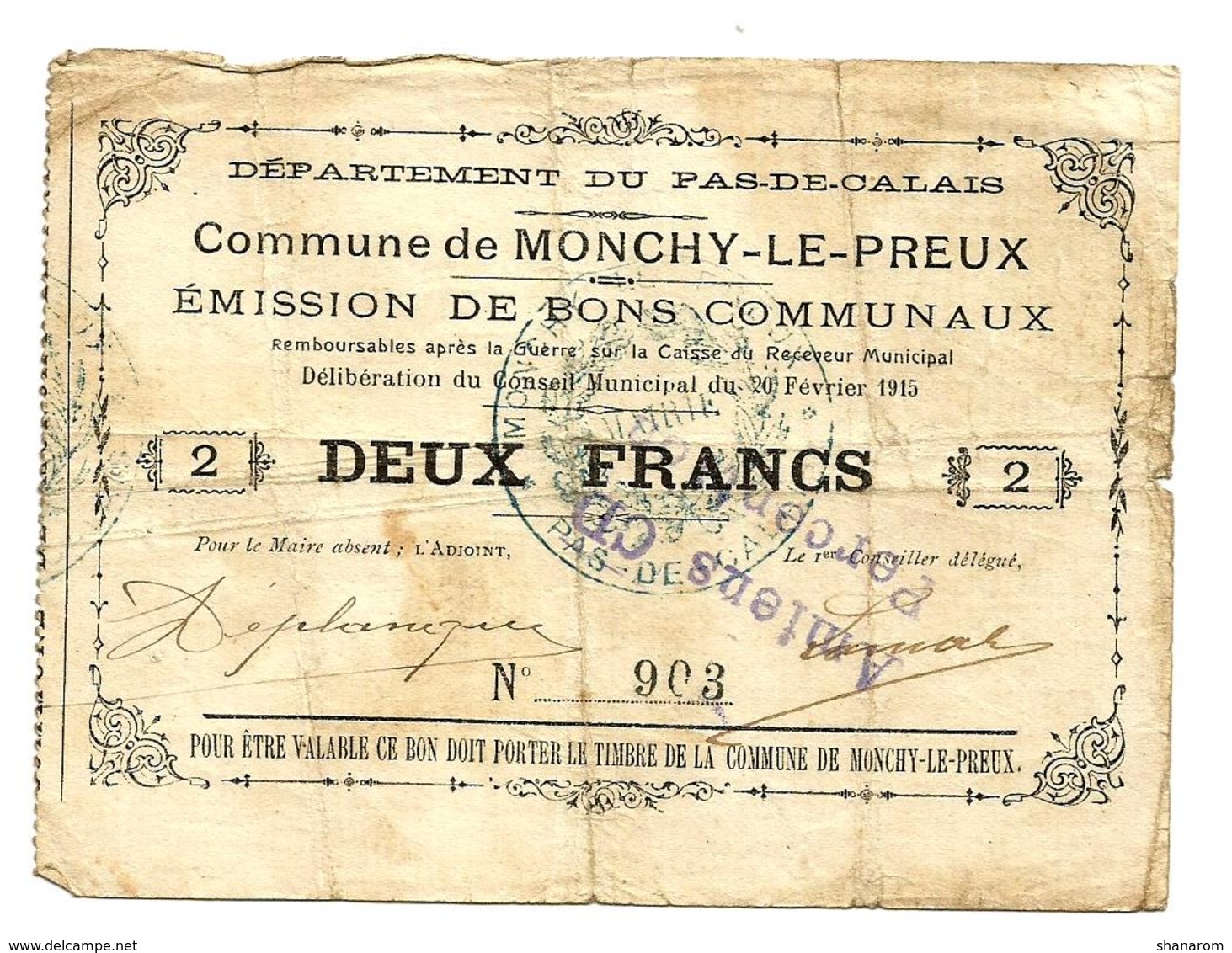 1914-1918 // Commune De MONCHY-LE-PREUX (Pas De Calais) // Février 1915 // Bon De 2 Francs - Bons & Nécessité