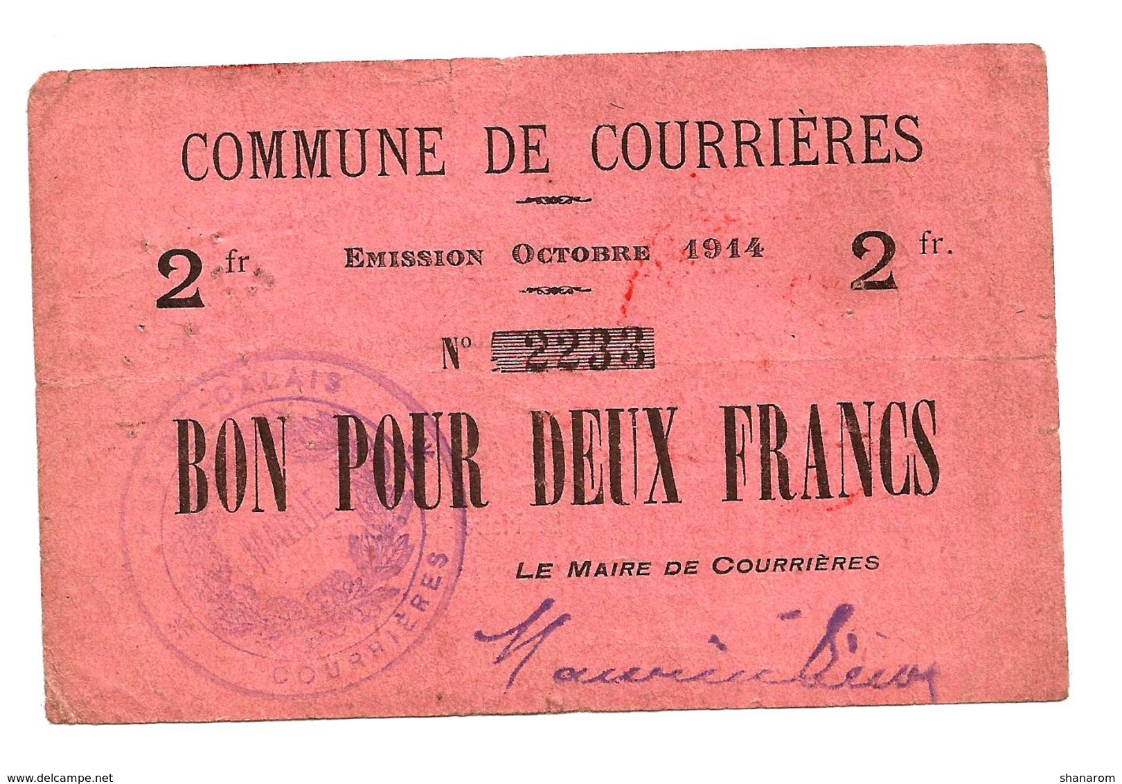 1914-1918 // Commune De COURRIERES (Pas De Calais) // Octobre 1914 // Bon De 2 Francs - Bons & Nécessité